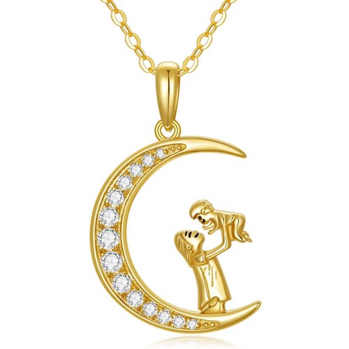14K Gold Circular Shaped Moissanite Mother & Daughter Moon Pendant Necklace