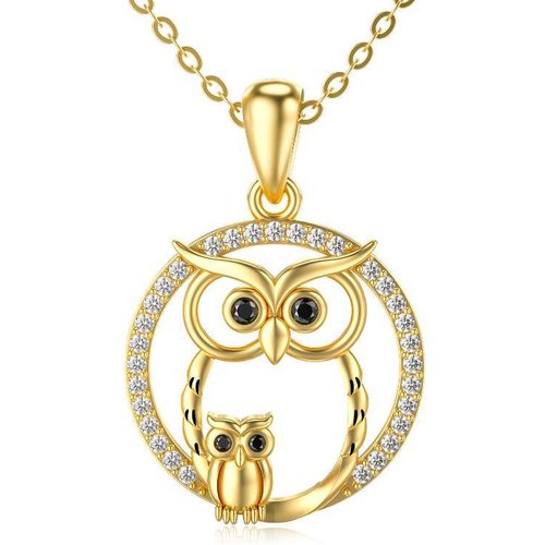 14K Gold Circular Shaped Moissanite Owl Pendant Necklace