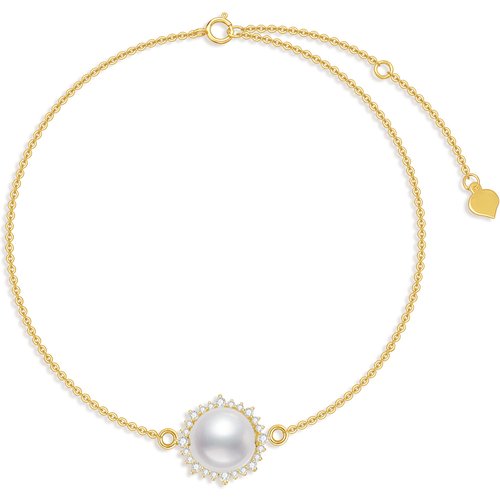 14K Gold Circular Shaped Moissanite & Pearl Charm Bracelet