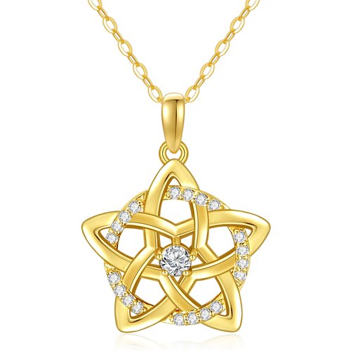 14K Gold Circular Shaped Moissanite Pentagram & Round Pendant Necklace