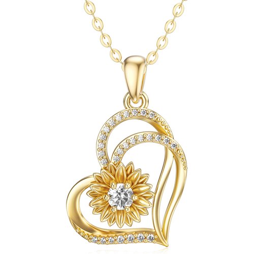 14K Gold Circular Moissanite Sunflower Heart With Heart Pendant Necklace For Women