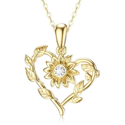 14K Gold Circular Shaped Moissanite Sunflower & Heart Pendant Necklace