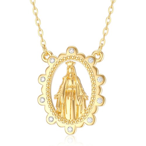 14K Gold Circular Shaped Moissanite Virgin Mary Pendant Necklace