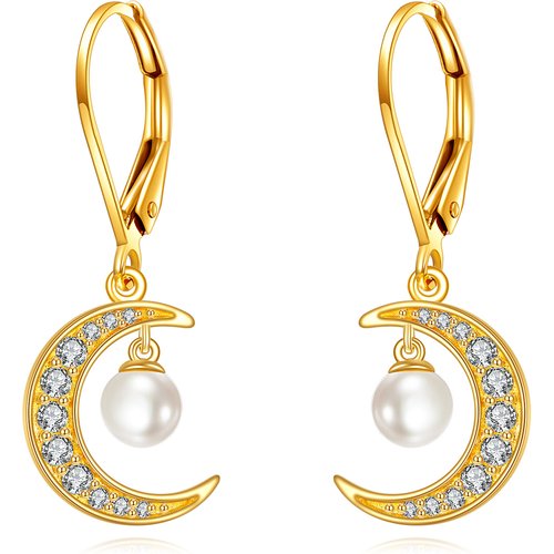 14K Gold Circular Shaped Cubic Zirconia Moon Lever-back Earrings