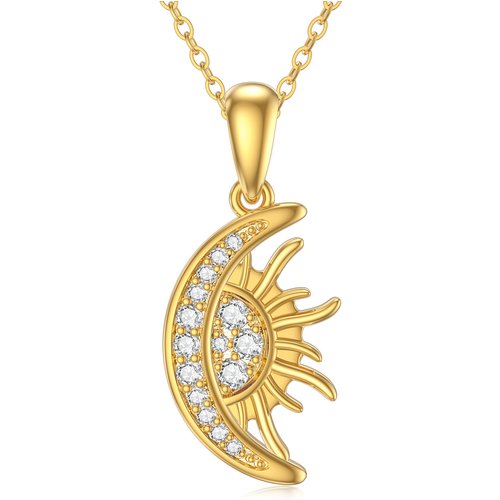 14K Gold Circular Shaped Cubic Zirconia Moon & Sun Pendant Necklace