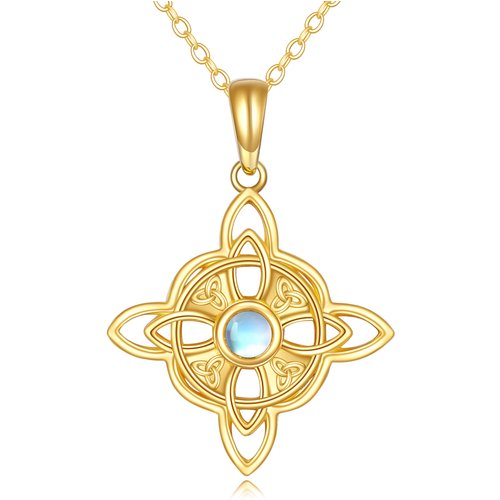 14K Gold Circular Moonstone Celtic Knot With Witch Knot Pendant Necklace For Women