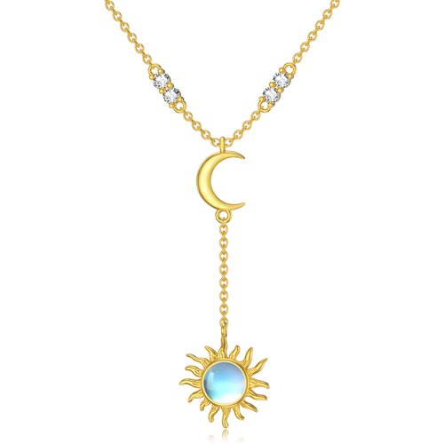 14K Gold Circular Shaped Moonstone Moon & Sun Adjustable Y Necklace