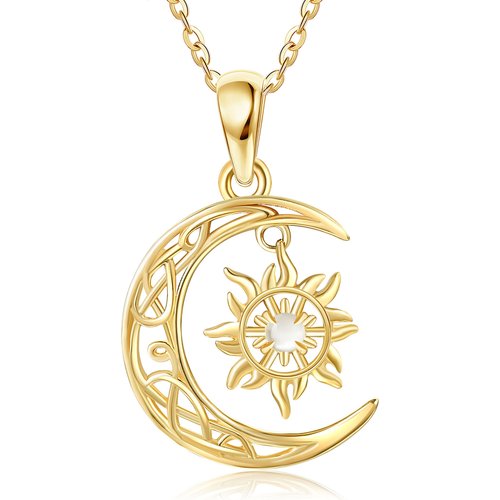 14K Gold Circular Shaped Moonstone Moon & Sun Pendant Necklace
