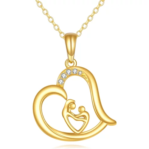 14K Yellow Gold Circular Cubic Zirconia Mother With Daughter Heart Pendant Necklace For Women