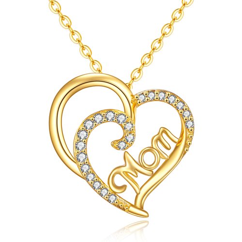 14K Gold Circular Shaped Cubic Zirconia Mother & Heart Pendant Necklace