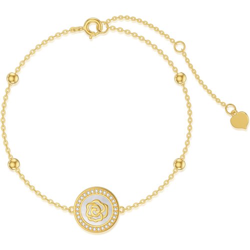 14K Gold Circular Shaped Mother Of Pearl Rose Charm Bracelet