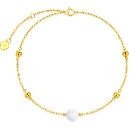14K Gold Circular Shaped Opal Bead Charm Bracelet