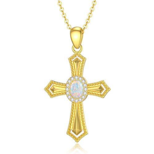 14K Gold Circular Shaped Opal Cross Pendant Necklace