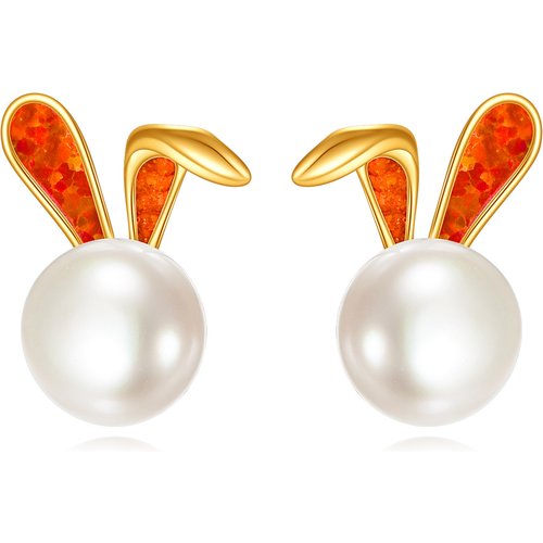14K Gold Circular Shaped Opal & Pearl Rabbit Stud Earrings