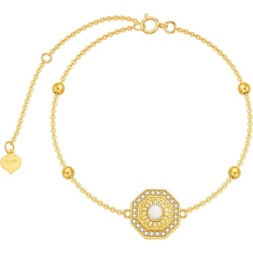 14K Gold Circular Shaped Opal Sunflower Charm Bracelet