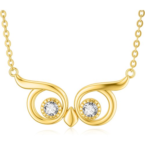 14K Gold Circular Shaped Cubic Zirconia Owl Pendant Necklace