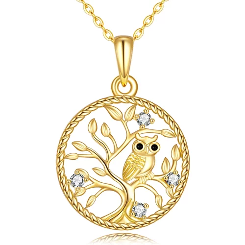 14K Gold Circular Shaped Cubic Zirconia Owl & Tree Of Life Pendant Necklace