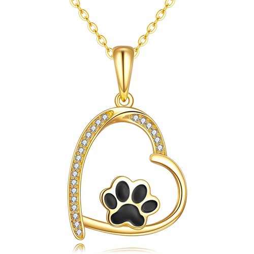 14K Gold Circular Shaped Cubic Zirconia Paw & Heart Pendant Necklace