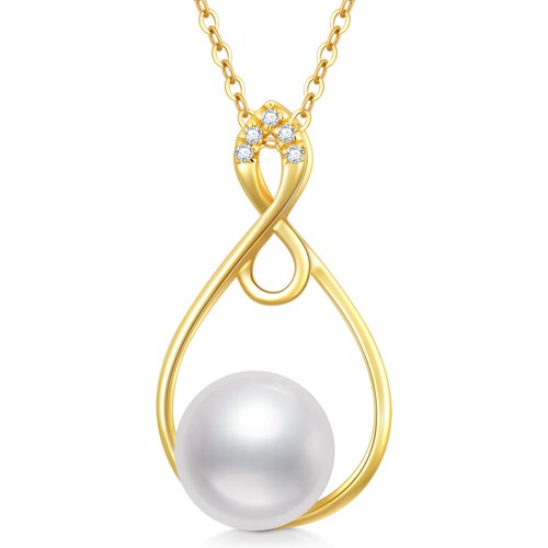 14K Gold Circular Pearl With Cubic Zirconia Infinity Symbol Pendant Necklace For Women