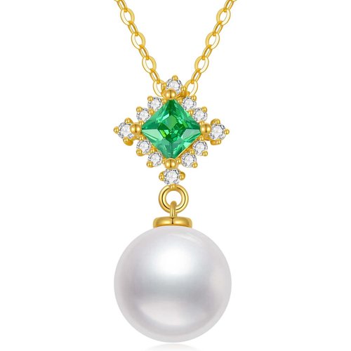 14K Gold Circular Shaped Cubic Zirconia & Pearl Bead Pendant Necklace