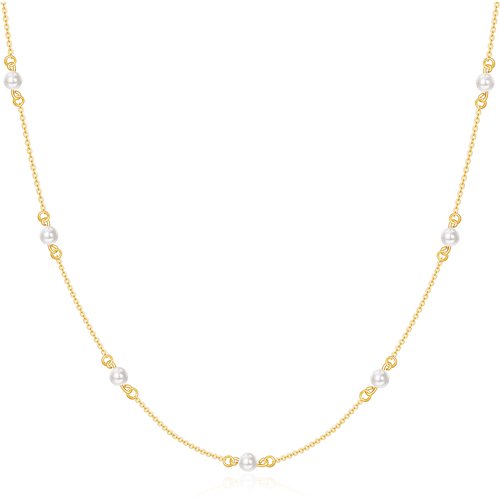 14K Gold Circular Shaped Pearl Bead Bead Station chain Necklace