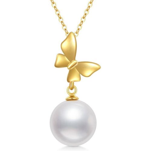 14K Gold Circular Shaped Pearl Bow Pendant Necklace