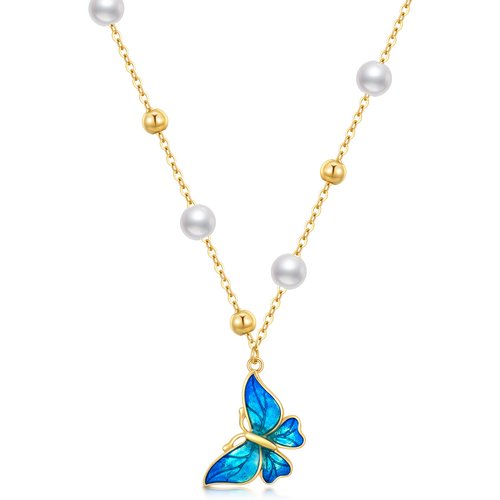 14K Gold Circular Shaped Pearl Butterfly Pendant Necklace
