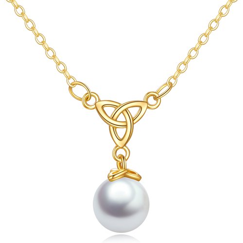 14K Gold Circular Shaped Pearl Celtic Knot Pendant Necklace