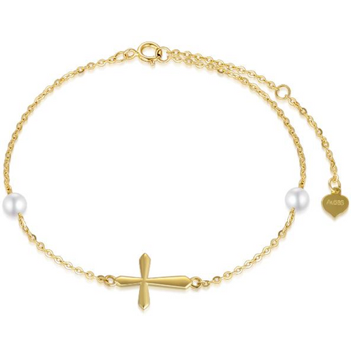 14K Gold Circular Shaped Pearl Cross Charm Bracelet
