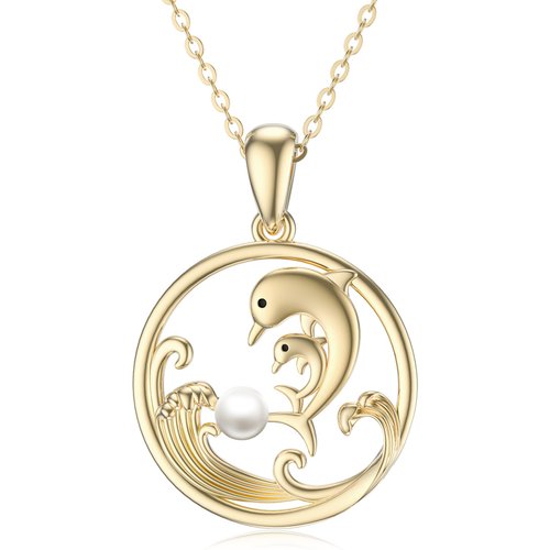 14K Gold Circular Shaped Pearl Dolphin & Spray Pendant Necklace
