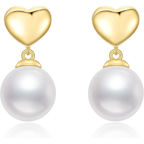 14K Gold Circular Shaped Pearl Heart Drop Earrings