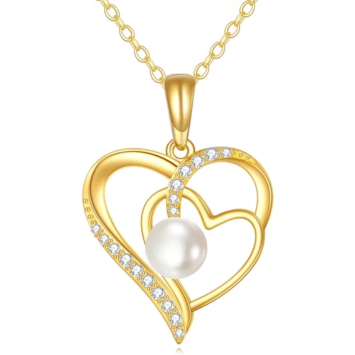 14K Gold Circular Pearl Heart Pendant Necklace For Women Best Friends