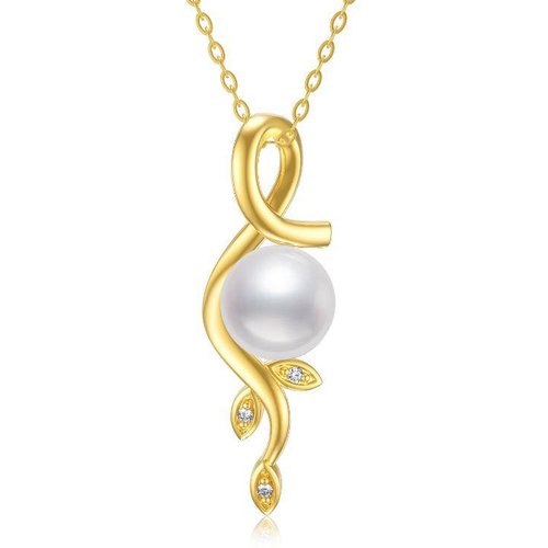 14K Gold Circular Shaped Pearl Leaves Pendant Necklace