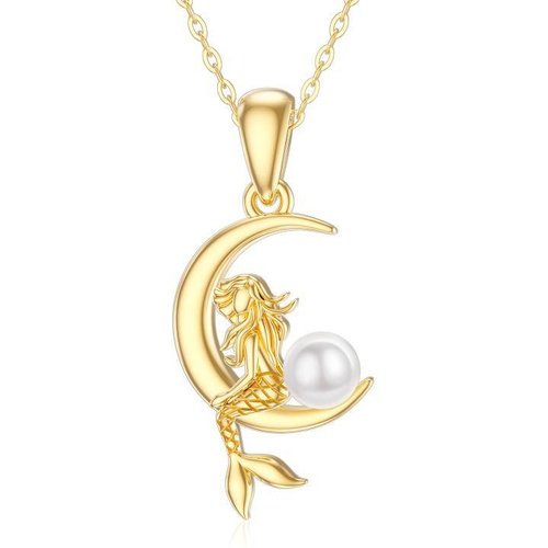 14K Gold Circular Shaped Pearl Mermaid & Moon Pendant Necklace