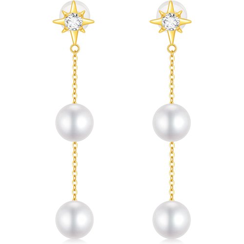 14K Gold Circular Shaped Cubic Zirconia & Pearl Pentagram Drop Earrings