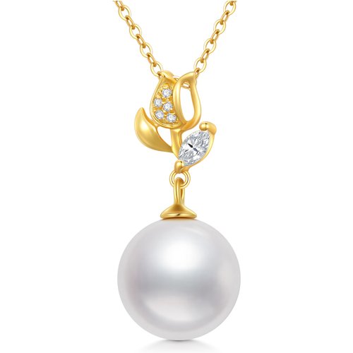 14K Gold Circular Shaped Pearl Rose Pendant Necklace