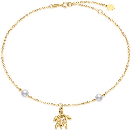 14K Gold Circular Shaped Pearl Sea Turtle Single Layer Anklet