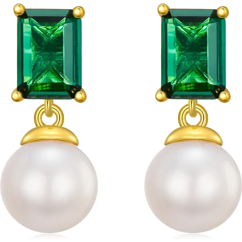 14K Gold Princess-Square Emerald With Pearl Stud Earrings For Women