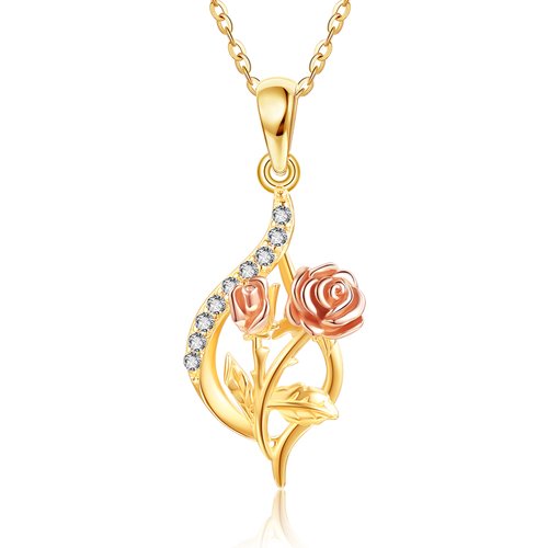 14K Gold Circular Shaped Cubic Zirconia Rose Pendant Necklace