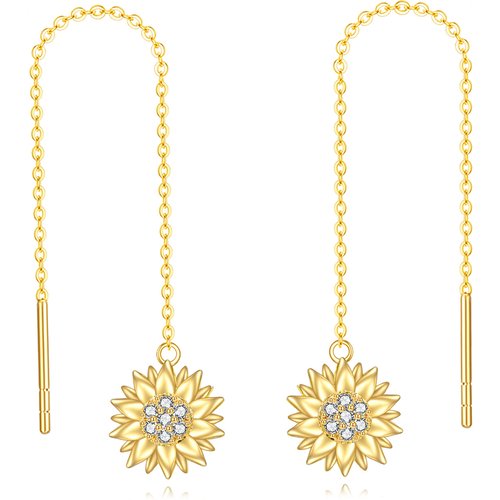 14K Gold Circular Shaped Cubic Zirconia Sunflower Drop Earrings