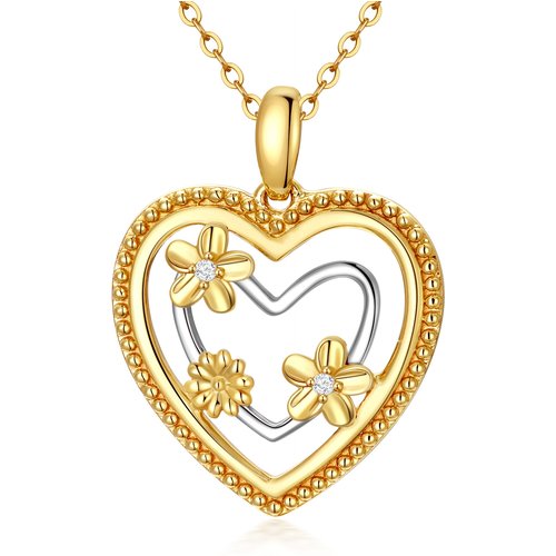 9K Gold Circular Shaped Cubic Zirconia Sunflower & Heart Pendant Necklace