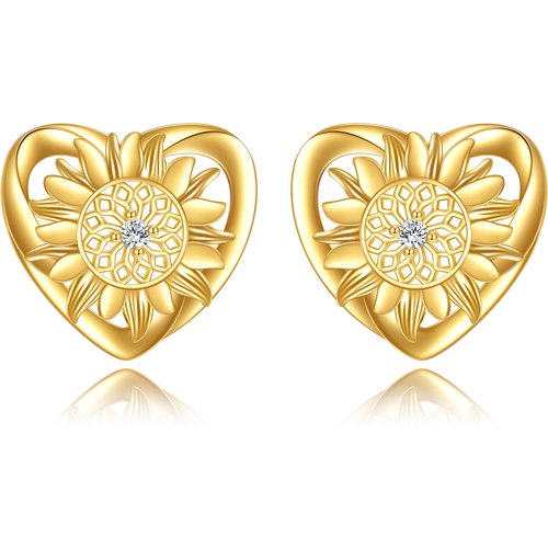 14K Gold Circular Shaped Cubic Zirconia Sunflower & Heart Stud Earrings