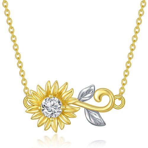 14K Gold Circular Shaped Cubic Zirconia Sunflower Pendant Necklace