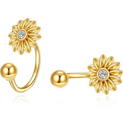 14K Gold Circular Shaped Cubic Zirconia Sunflower Stud Earrings
