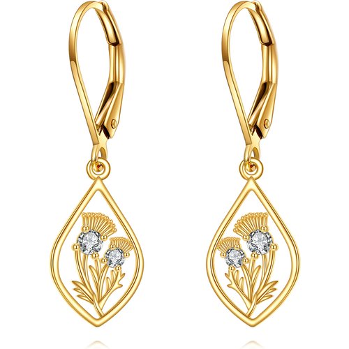 14K Gold Circular Shaped Cubic Zirconia Thistle Lever-back Earrings