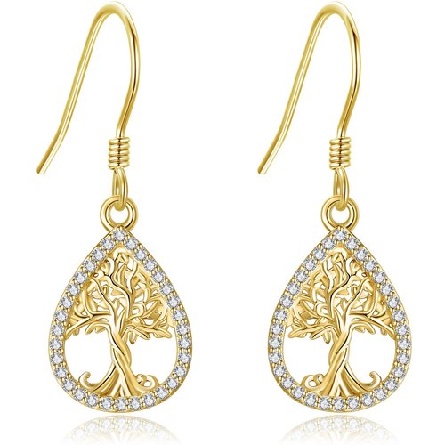 14K Gold Circular Shaped Cubic Zirconia Tree Of Life Drop Earrings