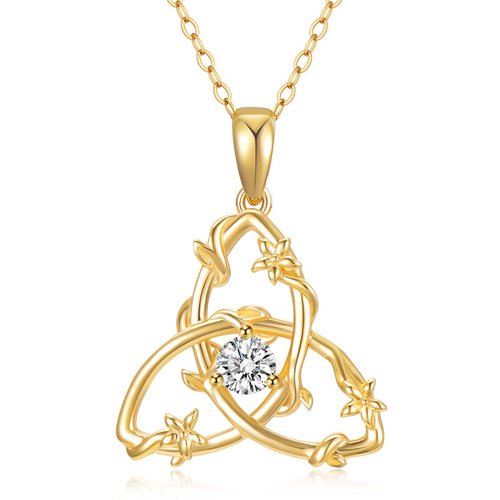 14K Gold Circular Shaped Cubic Zirconia Triangle Pendant Necklace