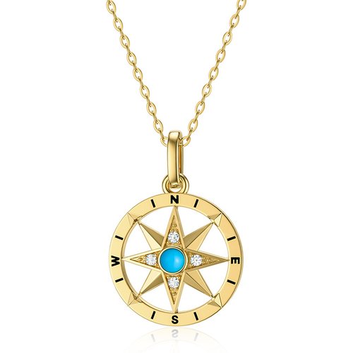 14K Gold Circular Shaped Cubic Zirconia & Turquoise Compass Pendant Necklace