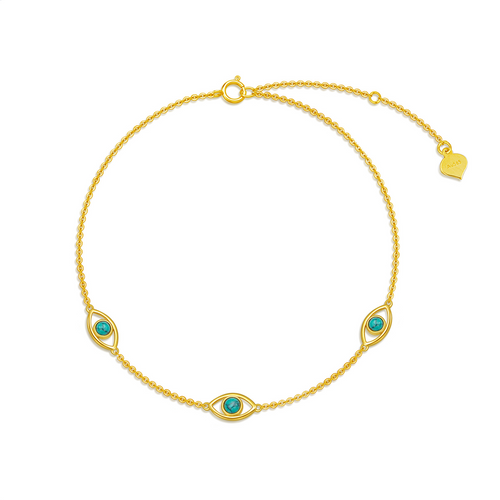 14K Gold Circular Shaped Turquoise Evil Eye Charm Bracelet