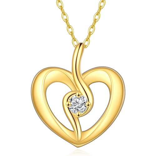14K Gold Circular Shaped Zircon Heart Pendant Necklace